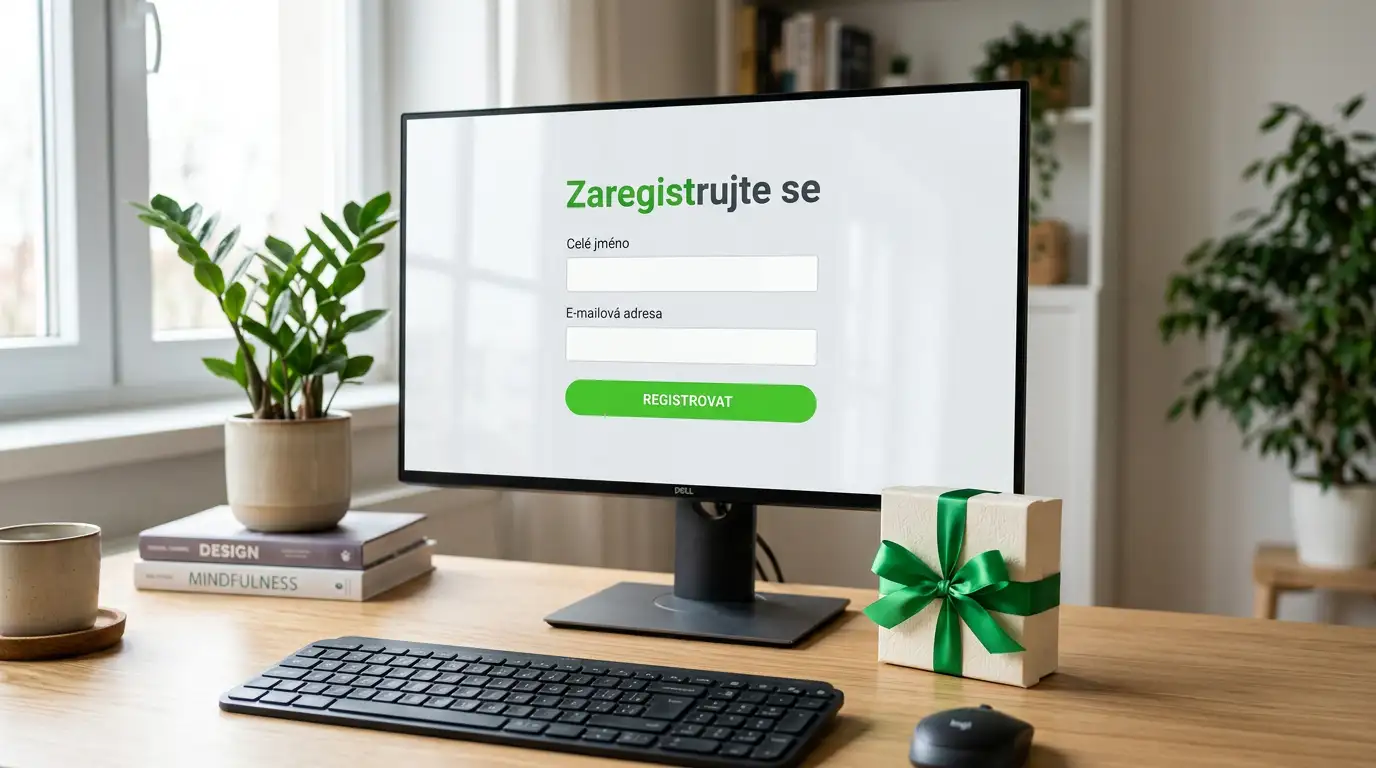 Otevřená registrační obrazovka Neteller na monitoru s dárkovým balíčkem vedle