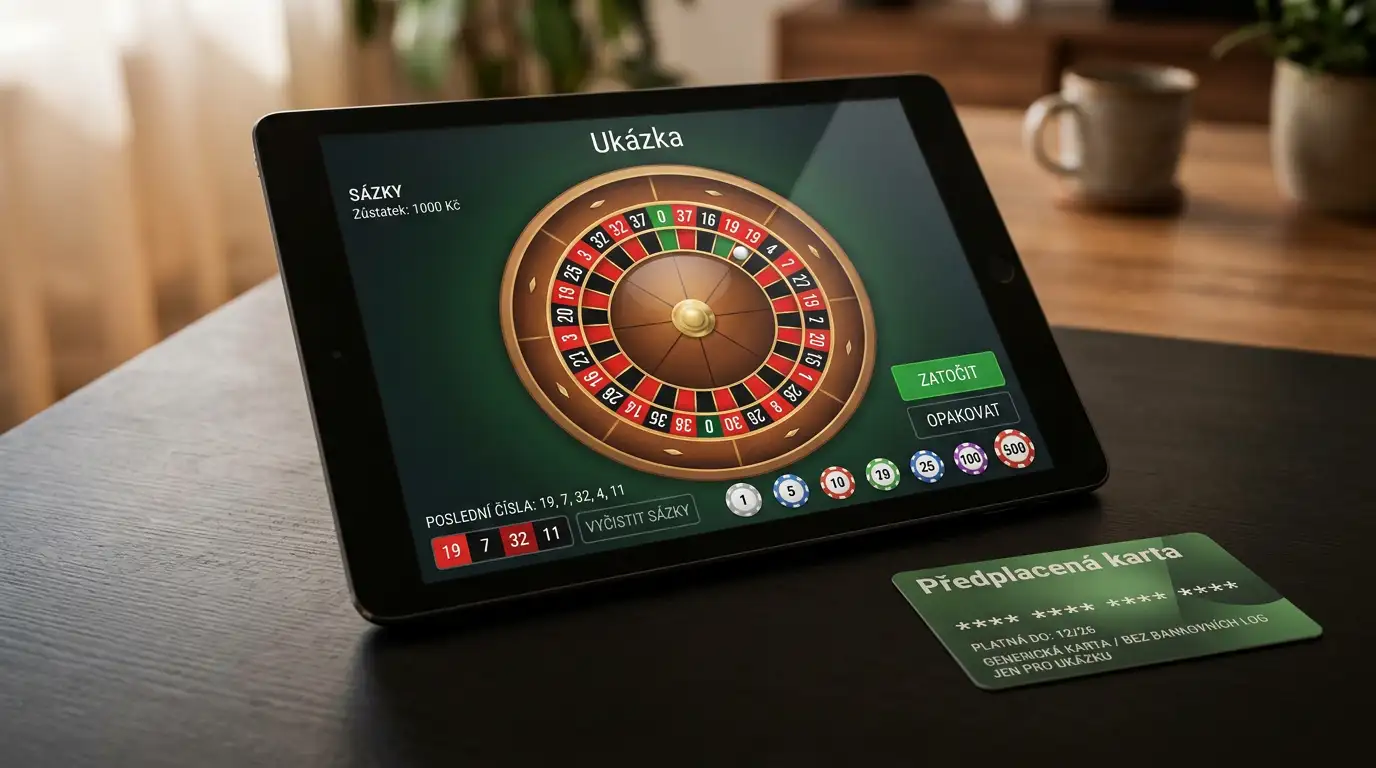 Ruletový stůl v online kasinu zobrazený na tabletu s kartou Neteller vedle