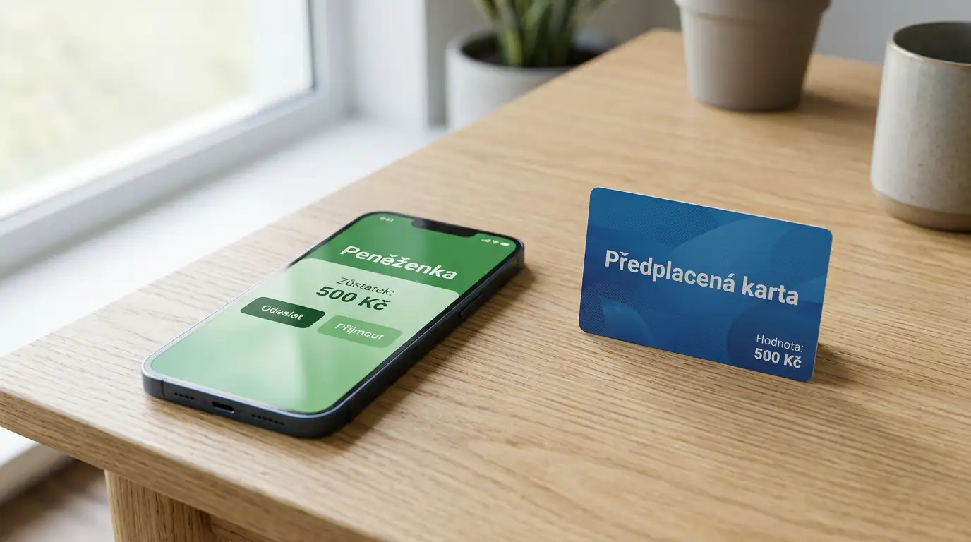 Mobilní telefon s Neteller aplikací a Paysafecard voucher položené na dřevěném stole