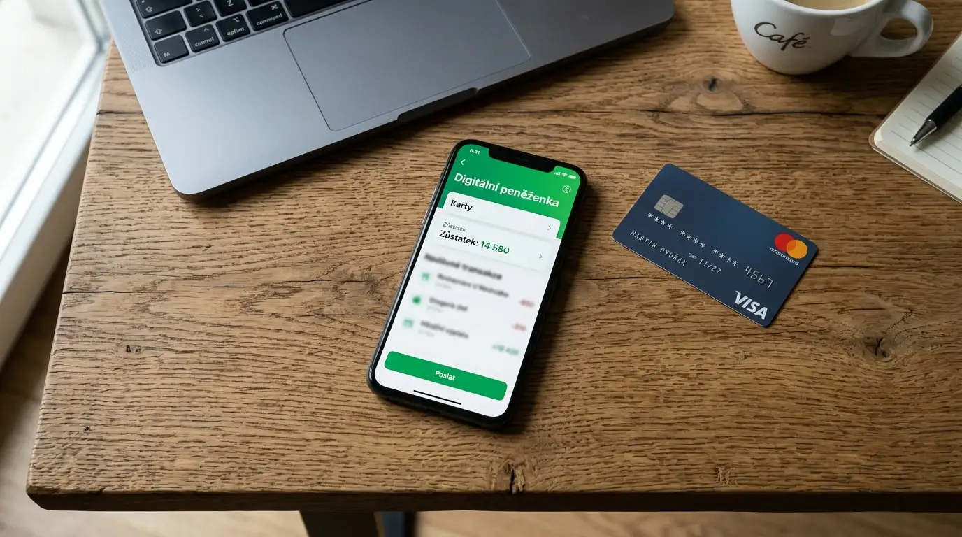 Platební karta a mobilní telefon s e-peněženkou na stole vedle notebooku