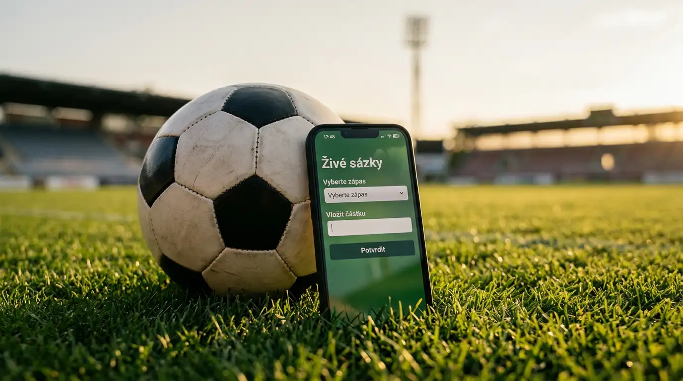 Fotbalový míč na zeleném trávníku s mobilním telefonem zobrazujícím sázkovou aplikaci